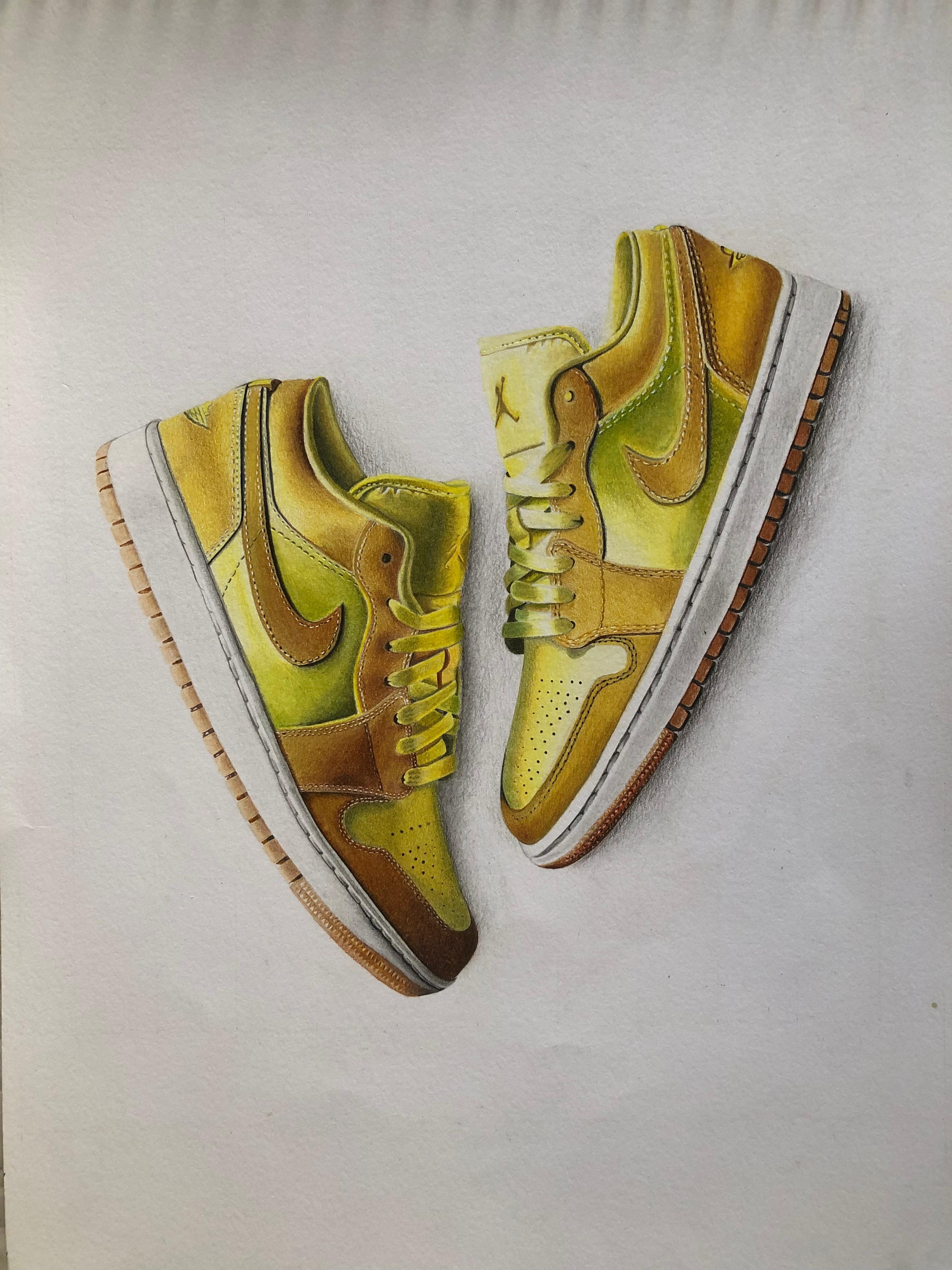 Air Jordan 1 Low Yellow Ochre — Pelayo Pencil, hyperrealist coloured pencil drawing