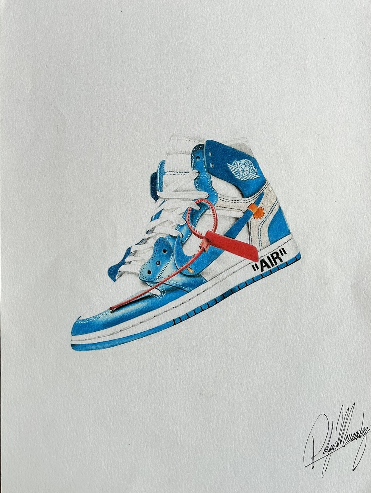 Off-White Air Jordan 1 High UNC — Pelayo Pencil, hyperrealist coloured pencil drawing