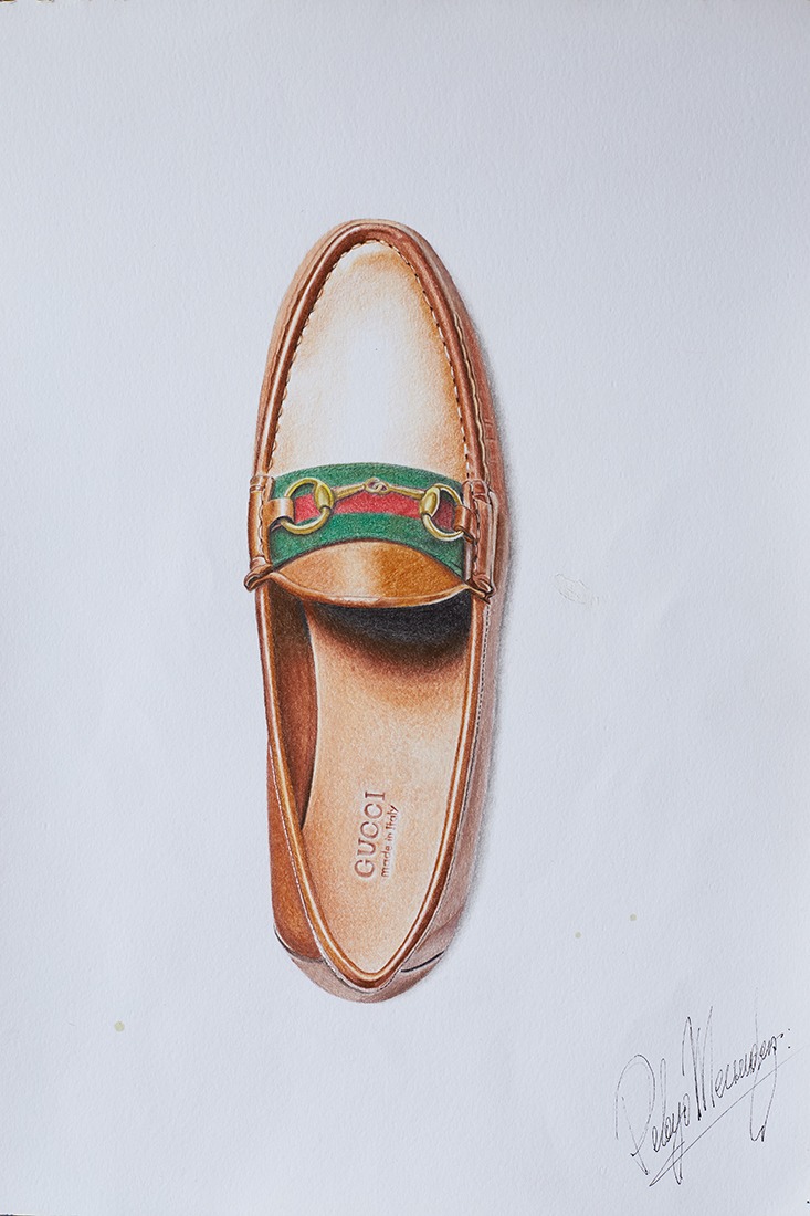 Gucci Horsebit 1953 Loafer Top View — Pelayo Pencil, hyperrealist coloured pencil drawing