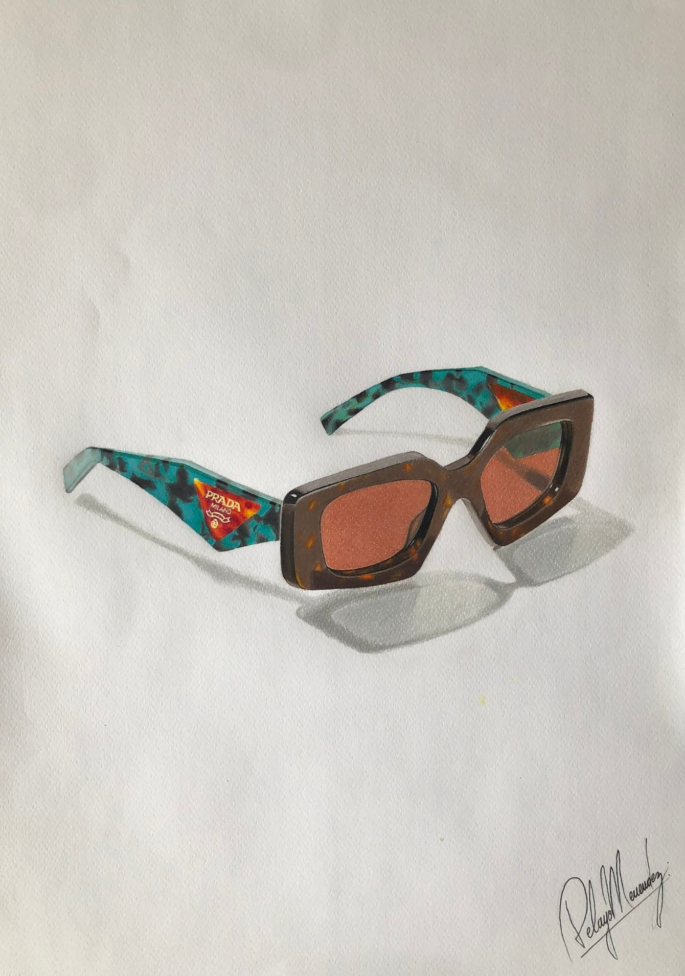 Prada Symbole Sunglasses SPR 15WS Teal — Pelayo Pencil, hyperrealist coloured pencil drawing