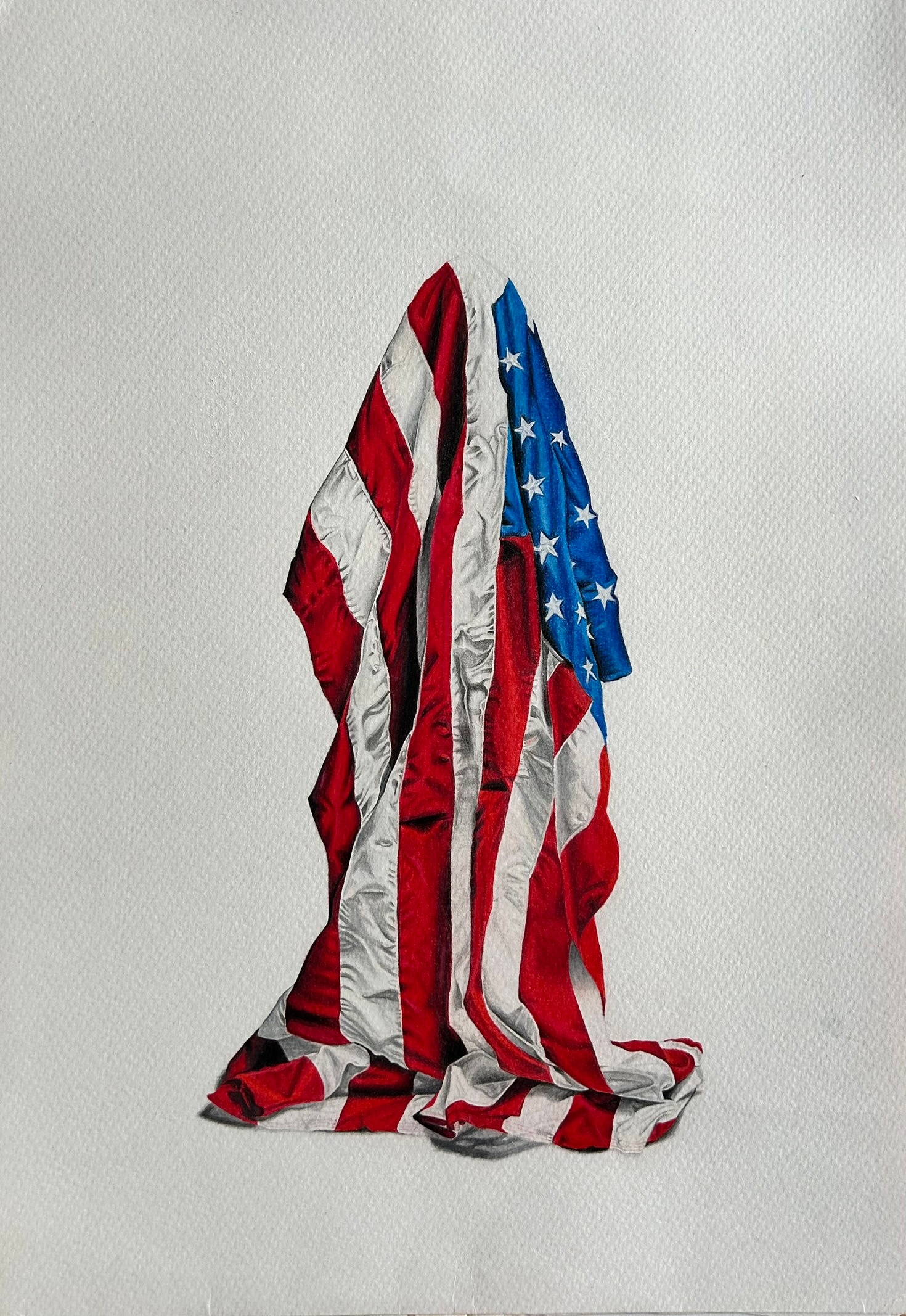 American Flag Drape Study — Pelayo Pencil, hyperrealist coloured pencil drawing