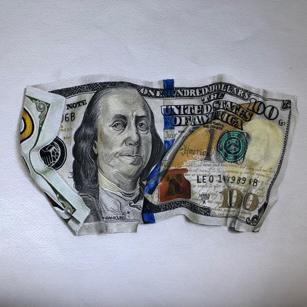 US 100 Dollar Bill Benjamin Franklin — Pelayo Pencil, hyperrealist coloured pencil drawing