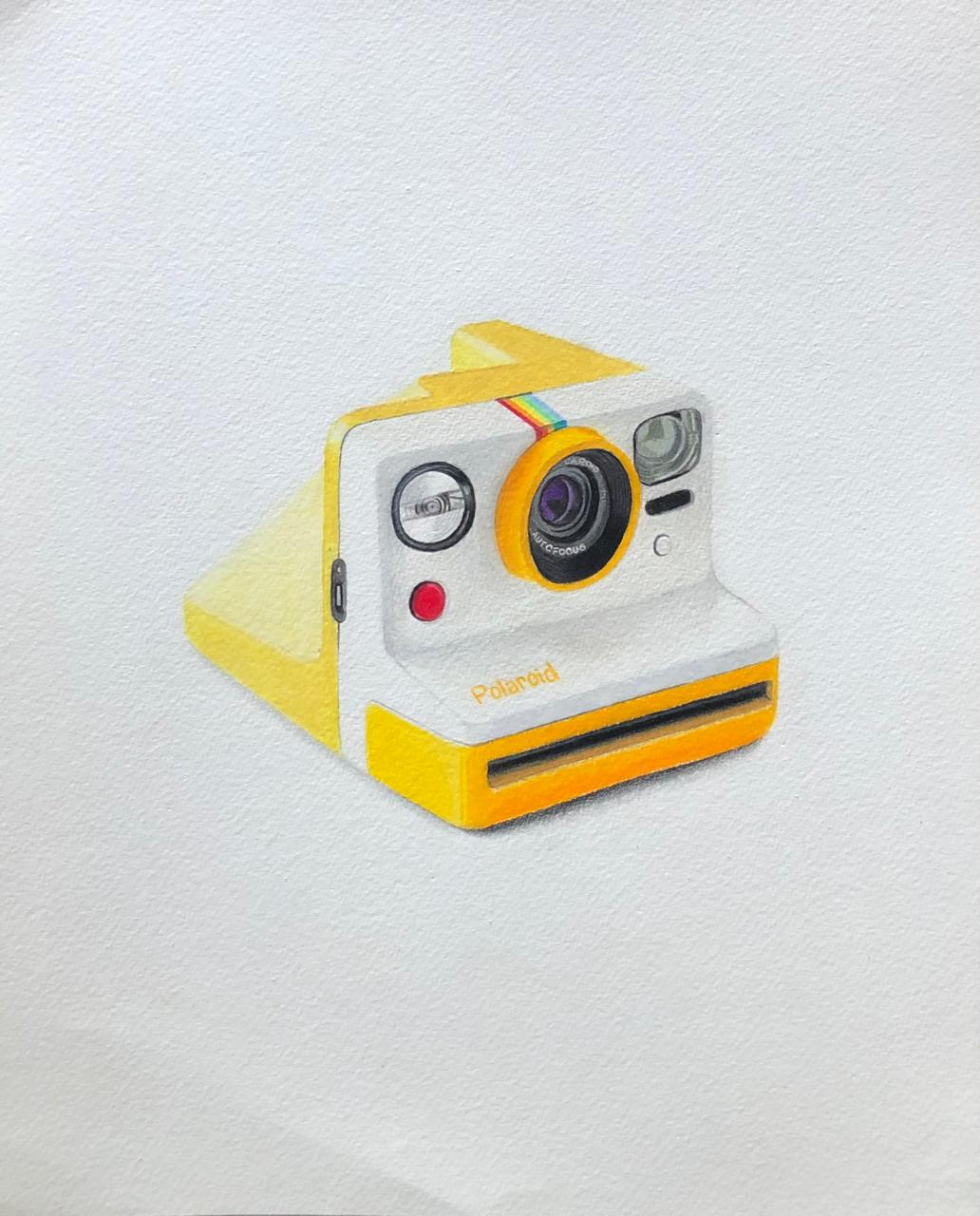 Polaroid Now Camera Yellow — Pelayo Pencil, hyperrealist coloured pencil drawing